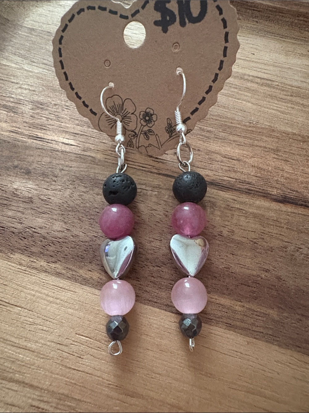 Handmade Pink Bead & Heart Drop Earrings- Strawberry Quartz/Lava Stone